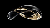 Elegant abstract shape combining glossy black and metallic gold surfaces in fluid, wave-like motion against dark background, showcasing luxury design aesthetic.