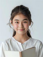 Young Asian girl with natural makeup smiling gently while holding a book against neutral background, wearing white button-up shirt with soft lighting.