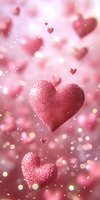 Glittering pink hearts floating in dreamy bokeh atmosphere with sparkles and light effects, romantic Valentine's Day background for greeting cards and social media.