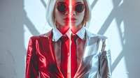 Androgynous figure with white hair wearing red and silver metallic jacket and sunglasses with glowing red lenses against white background. Futuristic fashion and cyberpunk aesthetic for editorial, technology, and sci-fi design projects.
