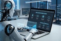 Futuristic humanoid robot with glowing blue eyes working on laptop computer in modern tech laboratory with digital interface displays and data analytics.