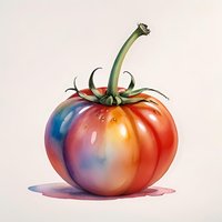 Multicolored rainbow tomato with vibrant gradient from blue to orange and red hues on white background, fresh organic produce with green stem and shadow.