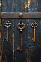 Three vintage skeleton keys with ornate trefoil bow designs hanging on dark weathered wooden background. Rustic metal keys show different patinas from brass to rusty iron.