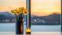 Yellow daffodils in black vase and glowing candle on windowsill against blurred winter sunset landscape with bokeh lights and snowy mountains background.