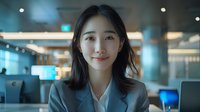 Young Asian businesswoman in grey suit smiling confidently in modern corporate office. Professional portrait perfect for business, leadership, and workplace success concepts.