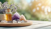 Wellness spa composition with essential lavender oil, healing crystals and dried flowers on wooden tray against soft natural background. Holistic therapy setup.