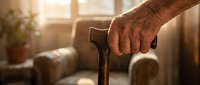 Senior man holding wooden cane in living room with warm sunlight, representing aging, mobility assistance, independence and elderly care at home.