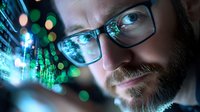 Caucasian male programmer with glasses looking at glowing digital code reflection, dramatic lighting with blue technology effects and bokeh background.