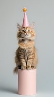 Adorable ginger cat wearing pink party hat sitting on pink cylinder pedestal against gray background. Fluffy feline with wide-eyed expression in festive mood.