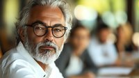Mature professional with gray hair and beard wearing glasses and white shirt looking confidently at camera in office environment with blurred background.