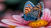 Vibrant copper and blue butterfly perched on pink daisy flower macro photography with soft bokeh background, showing detailed wing patterns and delicate antennae.