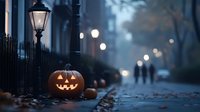 Glowing jack-o-lantern on misty autumn street with vintage lamp post, fallen leaves, and silhouettes of people walking in foggy evening atmosphere.