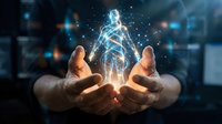 Hands holding glowing digital human figure with blue light particles and data streams, representing artificial intelligence, technology innovation, and futuristic digital transformation concepts.