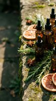Natural essential oil bottles with dried orange slices, rosemary sprigs and star anise on rustic stone surface for aromatherapy and wellness treatments.