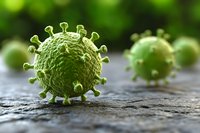 Green virus cell with protein spikes on textured surface, microscopic view of pathogen against blurred background for medical education.