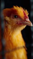 Close-up portrait of golden chicken with bright orange feathers and distinctive red comb against dark background, showing detailed eye and beak features.