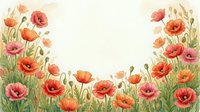 Watercolor poppy flowers frame with empty center space for text, featuring red and orange blooms with green stems on light background for greeting cards.