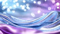 Shimmering waves of blue and purple silk fabric with glitter sparkles and bokeh lights creating magical flowing abstract background effect.