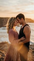 Young romantic couple embracing on beach at golden hour sunset with ocean waves and cliffs creating intimate moment for love and relationship concepts.
