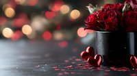 Red roses in black vase with heart confetti on wooden table against bokeh lights background for Valentine's Day romantic celebration and love concept.