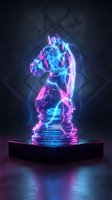 Glowing neon chess knight piece with electric blue and pink light effects on dark platform for gaming and strategy concepts.