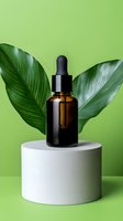 Amber glass dropper bottle on white podium against green background with tropical leaves, minimalist cosmetic presentation for natural skincare products.