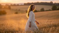 Young woman in white dress walking through golden wheat field at sunset with warm light and peaceful countryside landscape.