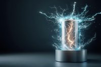 Glowing electric discharge with lightning bolts surrounding metallic cylinder on dark background, concept of energy storage and power technology.