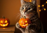 Tabby cat holding illuminated jack-o-lantern pumpkin with glowing carved face, surrounded by warm bokeh lights and festive autumn decor for seasonal holiday marketing and celebrations.