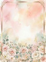 Watercolor floral frame with soft pink roses, cream peonies, and eucalyptus leaves on pastel background. Ornate gold border corners. Romantic botanical design for wedding invitations, greeting cards, and stationery projects.