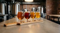 Craft beer flight tasting sampler with four different ales on wooden board in modern brewery taproom with industrial brick wall background.