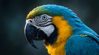 Vibrant blue and yellow macaw parrot close-up portrait with detailed feathers against a dark background.