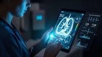 Medical professional analyzing lung scan on digital tablet with healthcare data visualization and diagnostic interface in modern clinical setting.