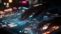 Hands interacting with futuristic digital interface displaying glowing blue technology elements against dark background, showcasing modern touchscreen interaction.