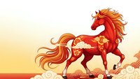 Red mythical horse with flowing golden mane galloping through clouds at sunset. Fantasy creature with ornate decorative patterns for storytelling and design.