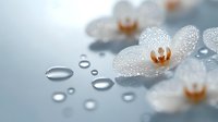 White orchid flowers with water droplets on clean surface creating spa wellness atmosphere for relaxation and beauty treatments.