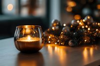 Warm glowing candle in amber glass holder with festive pine cones and golden string lights creating cozy holiday atmosphere on wooden table surface.