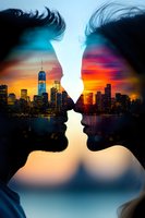 Romantic silhouette of couple about to kiss against dramatic Manhattan skyline at sunset, with city lights reflecting in water creating double exposure effect.