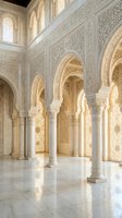 Ornate Islamic architecture interior with intricate carved arches, decorative columns and geometric patterns on marble floors creating elegant mosque atmosphere.