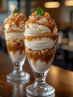 Layered caramel sundae with whipped cream, crushed nuts, mint garnish and drizzled sauce in tall glass. Sweet dessert with multiple textures and toppings for menu or cafe.