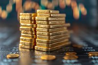 Stacked gold bars and coins on dark background with bokeh lights, representing wealth, investment and financial success in banking sector.