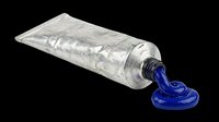 Metallic silver paint tube with deep blue paint squeezed out, isolated on transparent background. Ready for design use on t-shirts, clipart, stickers, print-on-demand products, and sublimation projects.