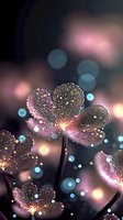 Delicate crystal flowers with glowing pink petals against dark background, sparkling with magical light effects and bokeh circles creating dreamy atmosphere.