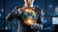 Professional businessman in dark suit protecting glowing digital globe with network connections in modern office environment for global business concepts.