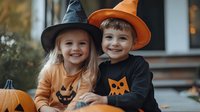 Two young children, a blonde girl and a boy with light brown hair, both wearing orange and black witch hats, smile at camera during autumn celebration. Suitable for holiday marketing, family events, seasonal campaigns.