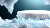 Frozen hockey puck on ice surface with dramatic lighting and frost effects, close-up macro shot showing textural details and cold temperature atmosphere.