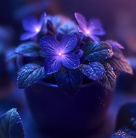 Glowing blue flowers with luminescent petals and dewdrops on dark leaves create magical garden atmosphere in purple pot, soft focus macro photography.