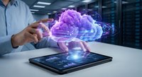 Professional man interacting with holographic brain projection above tablet in modern data center for artificial intelligence and cloud computing.