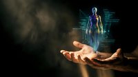 Holographic human figure floating above open palm with digital data streams and glowing effects on dark background for futuristic technology concepts.