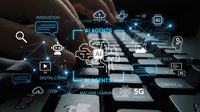 Business professional using laptop with AI technology interface overlay showing artificial intelligence icons and digital transformation concepts.